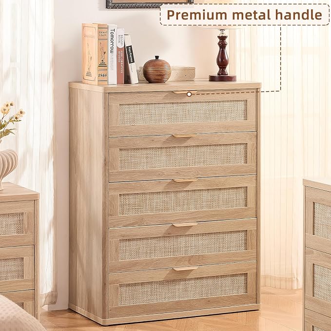 LEYAOYAO Rattan Dresser for Bedroom, Modern 5 Drawers Boho Dressers - Image 6