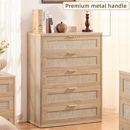 LEYAOYAO Rattan Dresser for Bedroom, Modern 5 Drawers Boho Dressers - Image 6