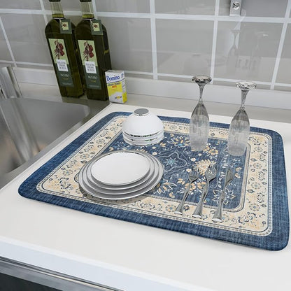 Blue Boho Dish Drying Mat for Kitchen Counter 18x24 Inch Fast Dry Drying Pad - Image 6