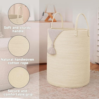 Large Woven Laundry Basket Hamper, 80L Cotton Rope Storage Bin - Image 6