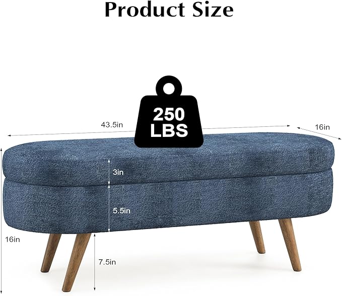 Storage Bench, 43" Storage Ottoman Bench, Shoe Storages Benches for Bedroom, Upholstered Entryway Benches with Seating, Rubber Wood Legs for Bedroom, Living Room, Entryway, Bed Side, Dark Blue