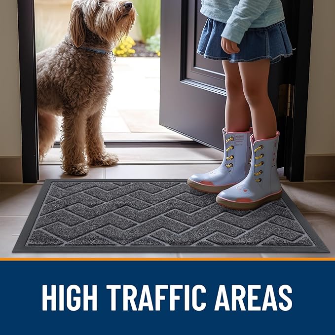 OLANLY Front Door Mat Indoor Outdoor Entrance, Waterproof All-Season, All-Weather Doormat, Sturdy Natural Rubber, Low Profile, Easy Clean Patio Porch Entryway Mat, Herringbone Brick (Grey, 29.5x17)