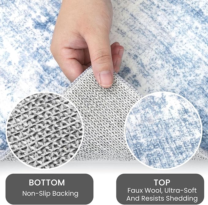 IOHOUZE Abstract Area Rugs 9x12 Ft Washable Large Rugs for Living Room, Non Slip Dining Room Rug, Printed Faux Wool Rugs for Bedroom, Floor Carpet for Office Nursery Playroom, Light Blue White