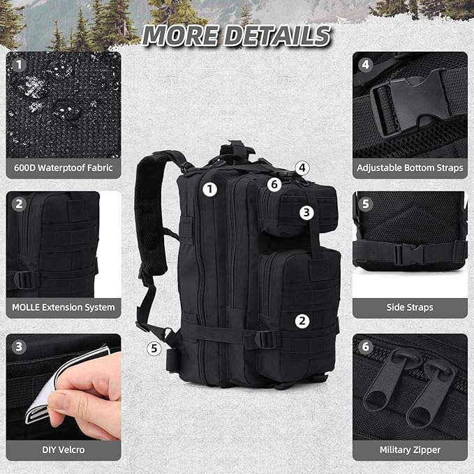 Small Military Tactical Backpack, 30L Tactical Assault Bag for Men, Army Assault Rucksack GYM Hiking Backpack Bug Out Bag Black