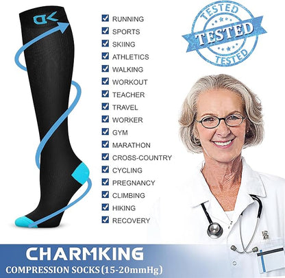 CHARMKING Compression Socks for Women & Men Circulation (3 Pairs) 15-20 mmHg is Best Support for Athletic Running Cycling