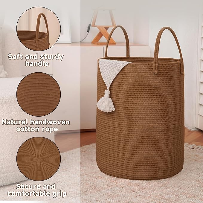 Large Woven Laundry Basket Hamper, 60L Cotton Rope Storage Bin - Image 6