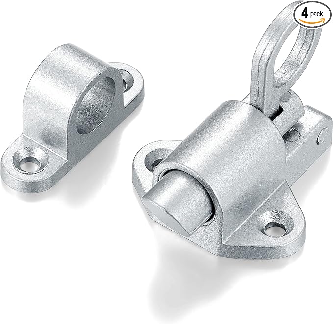 4 Packs Self-Closing Latches，Silver Gray Spring Door Lock，Resilient Bolt Latch Aluminum Alloy Safety Automatic Spring Barrel Slide Door Lock with Screws,Used for Gate,Window and Cabinet etc