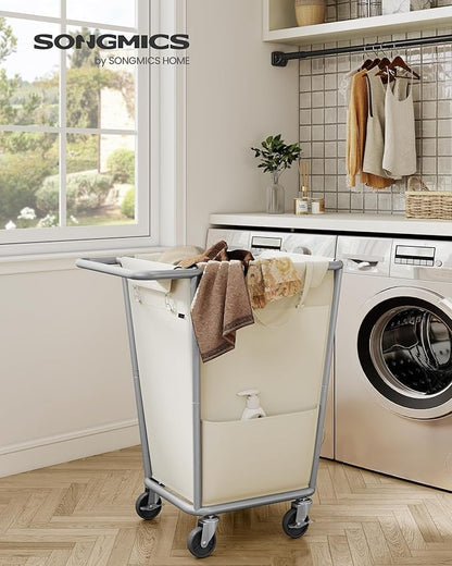 SONGMICS Laundry Basket with Wheels, 34.3 Gallons (130 L) Rolling Laundry Hamper with Removable Bag, Heavy-Duty Steel Frame, Cream White URLS008W01