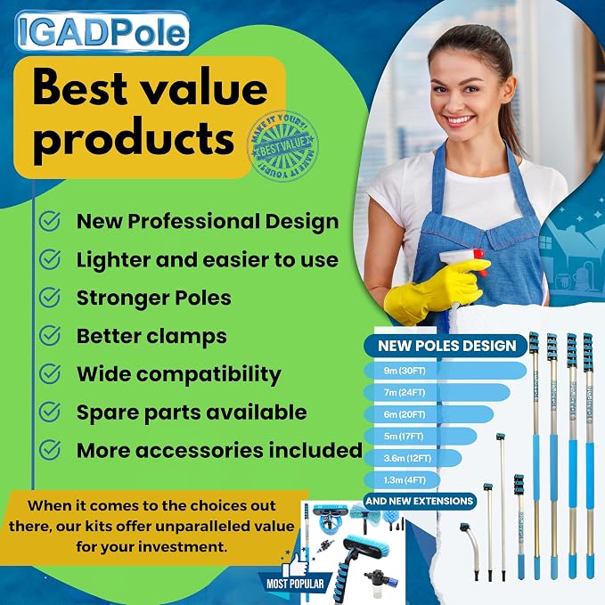 24ft IGADPole Washing Kit: Water-fed Brush, Cobweb Duster and 10” Squeegee and - Image 9
