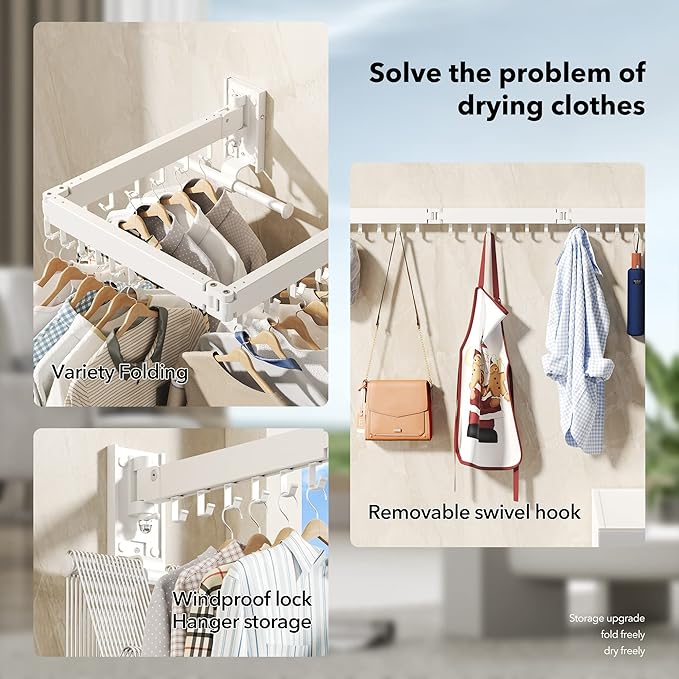 Wall Mounted Clothes Hanger Rack, Clothes Drying Rack,Laundry Drying Rack,Collapsible Clothes Rack Wall Mount, Retractable Drying Rack Clothing,can Fold Upward & Left & Right,White Color