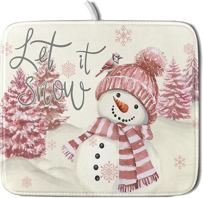 Giwawa Pink Snowman Dish Drying Mat Xmas Trees Bird Winter Snowy Scene Dish by Giwawa