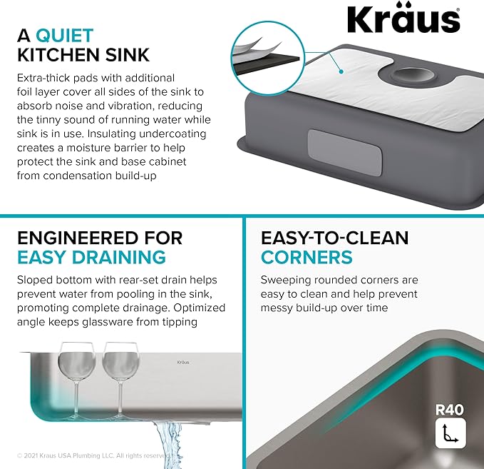 KRAUS Dex 25-inch Undermount 16 Gauge Stainless Steel Single Bowl ADA Kitchen Sink, KA1AS25B