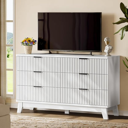 Fluted Dresser with 6 Drawers, Wooden Dresser TV Stand, Wood Closet Clothes - Image 7