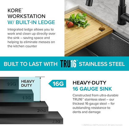 KRAUS Kore Workstation 27-inch Undermount 16 Gauge Black Stainless Kitchen Sink, Single Bowl Kitchen Sink in PVD Gunmetal Finish with Accessories, KWU110-27-PGM