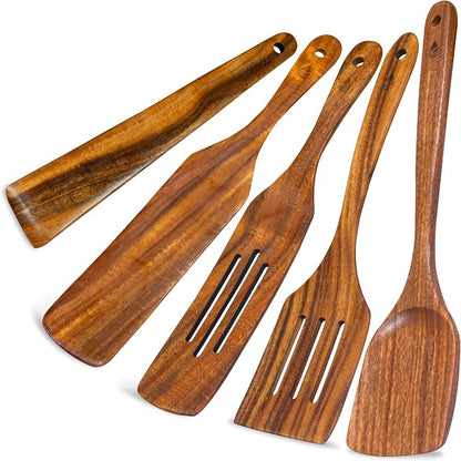 5 PCS Wooden Spatula for Cooking, Natural Teak Wooden Utensil Set, Non-Toxic by Vorisebo
