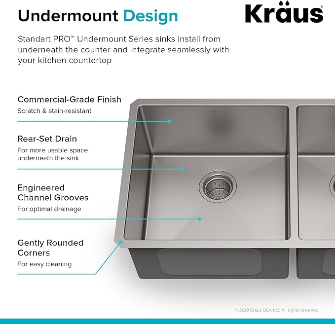 Kraus Kitchen Sinks Undermount - 33 Inch Stainless Steel Kitchen Sink, 60/40 Double Bowl, 16 Gauge, Model KHU103-33