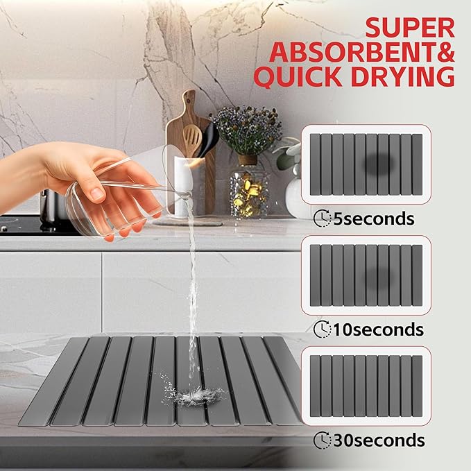 Stone Drying Mat For Kitchen Counter 24"x16" Foldable Super Absorbent Non-Slip Diatomaceous Earth Quick Dry Mat Matches Any Countertop