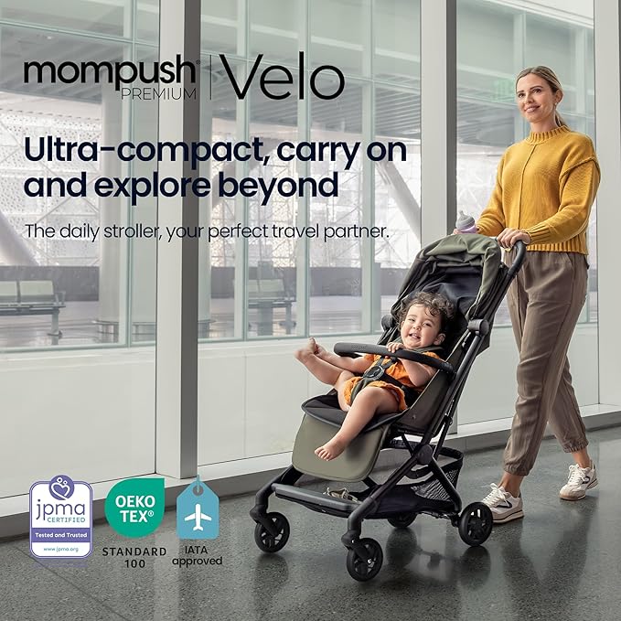 Mompush Velo Lightweight Travel Stroller – One-Hand Fold, Ultra-Compact & Airplane Friendly, Lie-Flat Recline Seat (from Birth to 50 lbs), Includes Cup Holder, Shoulder Strap, and Leather Bumper Bar