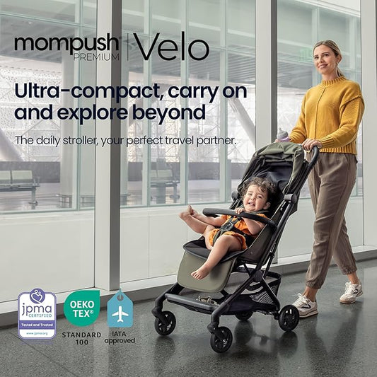 Mompush Velo Lightweight Travel Stroller – One-Hand Fold, Ultra-Compact & Airplane Friendly, Lie-Flat Recline Seat (from Birth to 50 lbs), Includes Cup Holder, Shoulder Strap, and Leather Bumper Bar