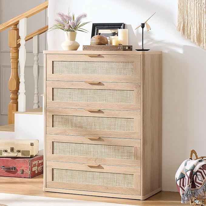LEYAOYAO Rattan Dresser for Bedroom, Modern 5 Drawers Boho Dressers - Image 8