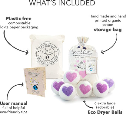 Friendsheep Organic Wool Dryer Balls Pink Purple Hearts 6 Pack XL Premium - Image 4