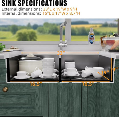 33 Inch Undermount Kitchen Sink Stainless Steel, 33x19 Double Bowl Kitchen Sinks 50/50 Commercial 16 Gauge 304 Stainless Steel Sink,Black