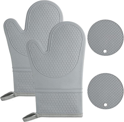 AUAUY Oven Mitts with 2 Potholders, Silicone Oven Gloves Heat Resistant 464°F by AUAUY