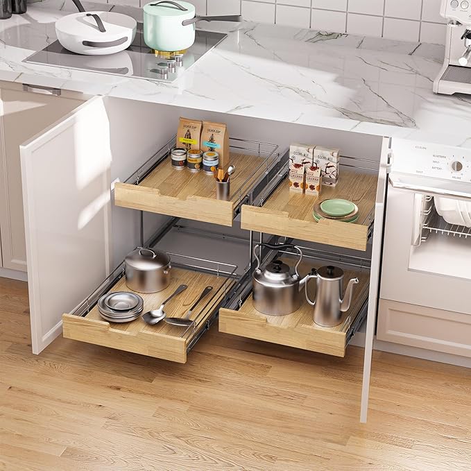 Pull Out Cabinet Organizer,Heavy-Duty Slide Out Shelf, Wood and Wire Basket, Pull Out Drawer for for Kitchen Under Sink Space, Pantry, Bathroom, 2 Tie 17 * 21 in