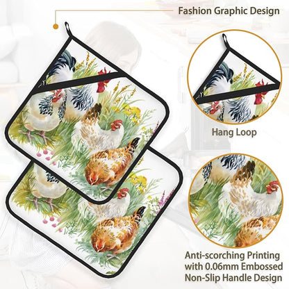 Chicken Rooster Farm Pot Holder Set of 2, Heat Resistant Potholders Oven Hot - Image 4
