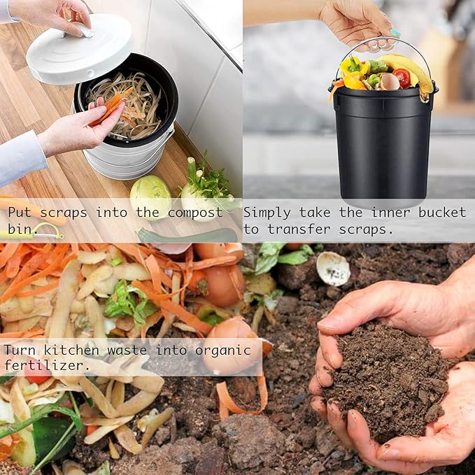 Compost Bin for Kitchen Counter, LALASTAR Small Metal Compost Bin Indoor Kitchen Sealed with Lid for Food Waste, Countertop Composter Container, White, 1 Gallon