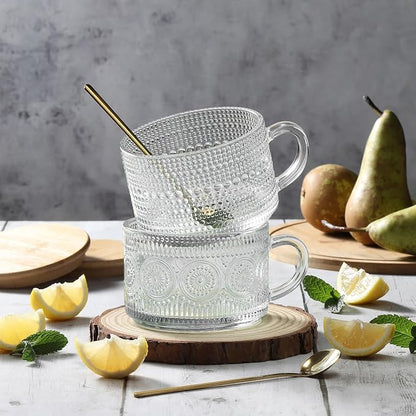 Vintage Coffee Mugs, Overnight Oats Containers - 14oz Clear Embossed Glass Cups - Image 6