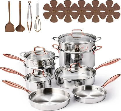 CAROTE 21pcs Tri-Ply Stainless Steel Cookware Set, Pots and Pans Set, Non Toxic by CAROTE
