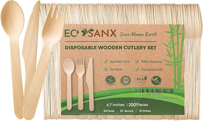 ECOSANX® 200 PCs Disposable Wooden Cutlery set 6.5" Splinter Free Compostable by ECOSANX