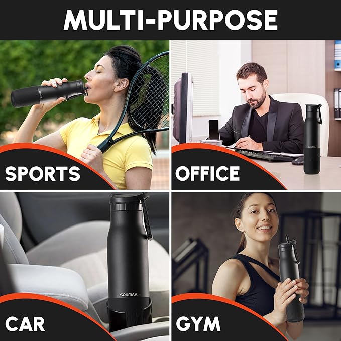 Insulated Stainless Steel Water Bottles with Straw, Wall Vacuum Insulated Water Bottle with Straw for Gym Traveling Camping Hiking Outdoor Activity(2 Cleaning Brushes+1 Carabiner, 26 oz Black)