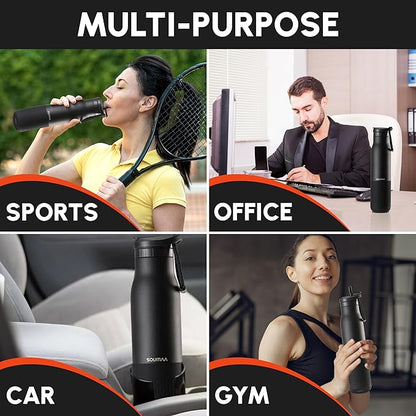 Insulated Stainless Steel Water Bottles with Straw, Wall Vacuum Insulated Water Bottle with Straw for Gym Traveling Camping Hiking Outdoor Activity(2 Cleaning Brushes+1 Carabiner, 26 oz Black)