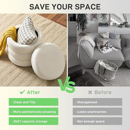 Round Ottoman with Storage Boucle Ottoman Stool with Storage Removable Lid - Image 5
