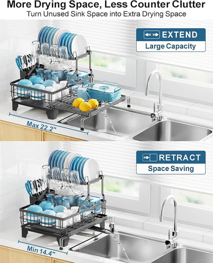 GSlife Large 2 Tier Dish Drying Rack, Expandable Heavy-Duty Dish Rack - Image 2