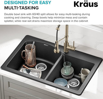 KRAUS Forteza 33-inch Drop In/Undermount 60/40 Double Bowl Granite Kitchen Sink in Black, KGD-50BLACK