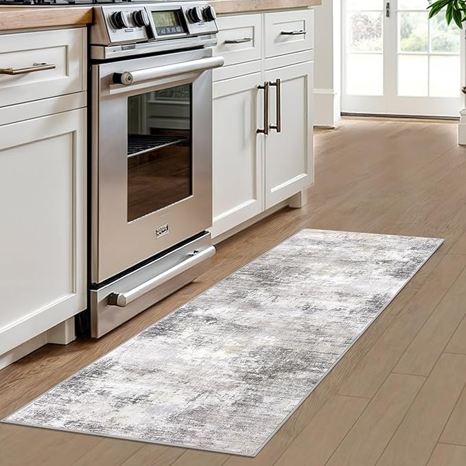IOHOUZE Abstract Runner Rug 2x6 Ft Washable Runners for Hallways, Non Slip Kitchen Runner Printed Faux Wool Entryway Runner Indoor, Modern Abstract Floor Carpet for Hall Kitchen Bedroom, Grey Beige