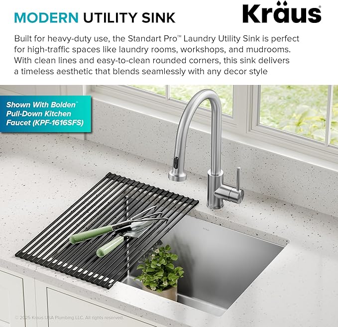 Kraus KHU101-24L Standart PRO 24-inch Undermount 16 Gauge Single Bowl Laundry and Utility Sink, 24 Inch, Tight Radius