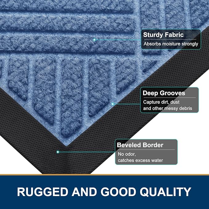 Smiry Front Door Mat Outside Entrance, Heavy Duty Outdoor Indoor Natural Rubber Doormat, Non Slip, Trap Dirt and Moisture, Easy Clean, Low Profile Patio Porch Entryway Mat, 29.5x17, Blue