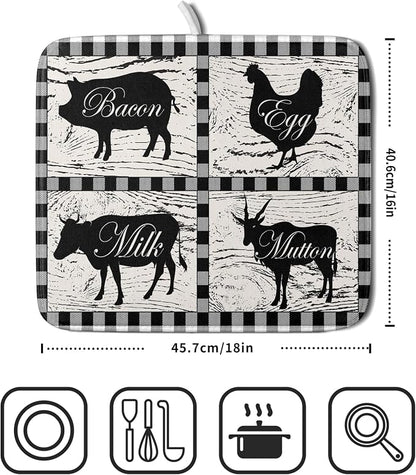 Farmhouse Animal Dish Drying Mat Buffalo Plaid Drainer Rack Mats Fast Dry - Image 2