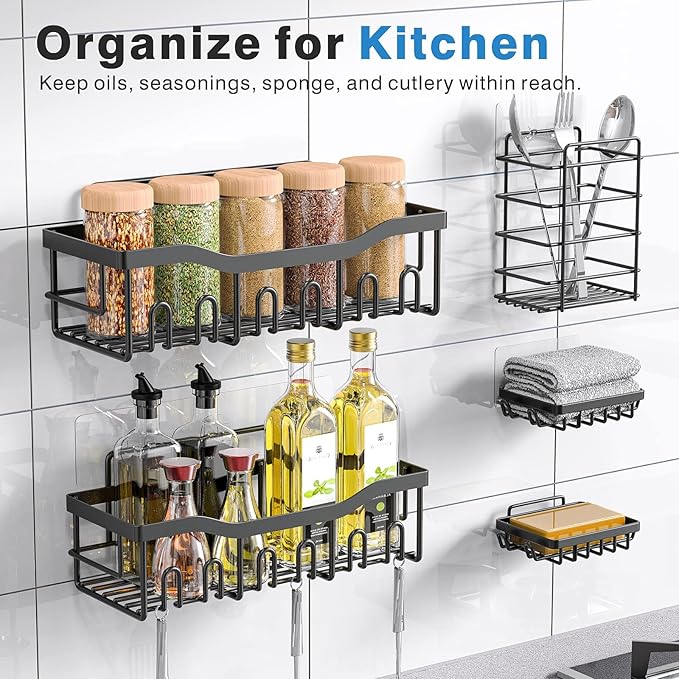 EUDELE Adhesive Shower Caddy, 5 Pack Rustproof Stainless Steel Bath Organizers With Large Capacity, No Drilling Shelves for Bathroom Storage & Home Decor-XL Size