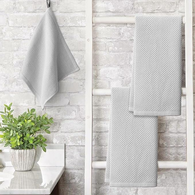 Artoid Mode 100% Cotton Light Grey Waffle Weave Kitchen Dish Cloths, 13x28 Inch Ultra Soft Absorbent Quick Drying Kitchen Dish Towels Set of 4