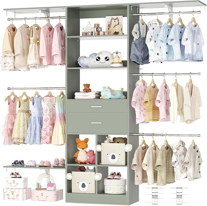 5FT Small Closet System, Baby Closet Organizer System with Wooden Drawers, 60 Inches Walk in Closet System with 5 Hanging Rods and 3 Reversible Hanging Shelving, Crab Green