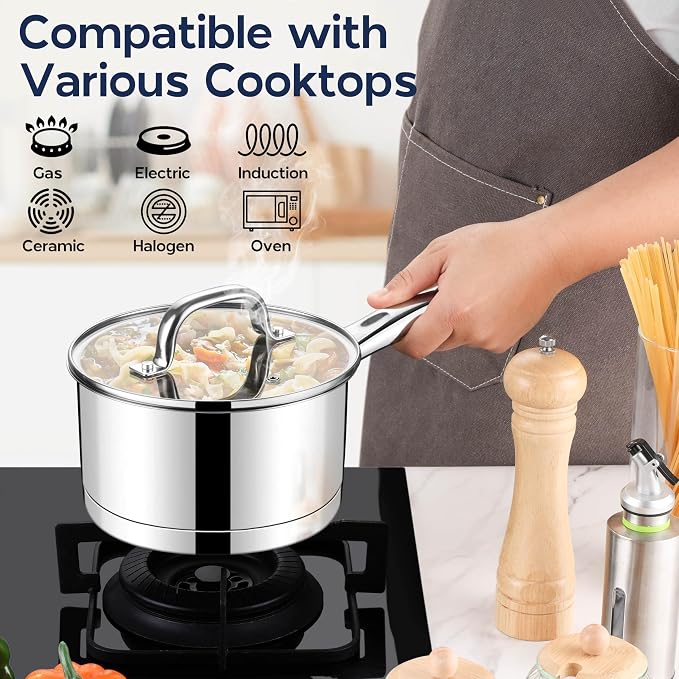 LIANYU 2 Quart Saucepan with Lid, Stainless Steel Sauce Pan Small Cooking Pot - Image 4