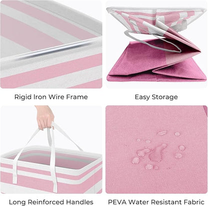 HomeHacks 2 Pack Large Laundry Baskets, Waterproof, Freestanding Laundry Hampers, Collapsible Clothes Hamper with Reinforced Handles in Laundry, College Dorm, Bathroom, Bedroom (Grey+Pink, 75Lx2)