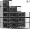 12 Pack X Large Shoe Storage Organizer for Closet, Modular Space Saving Shoe Boxes Clear Plastic Stackable Containers Display Case Bins with Lids, Black