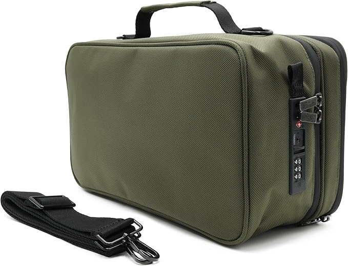 Large Storage Case with TSA Combination Lock Bag, Portable Carbon Lined, XL Medicine Lockable Box for Travel & Home Secured Box Organizer Divider Jars Accessories, Removable Tray (Green)
