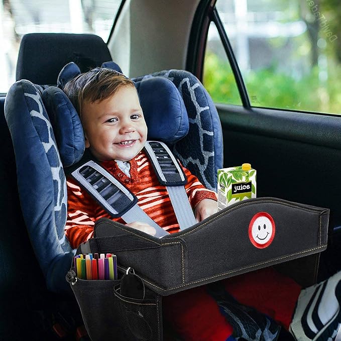 Coolmum Kids Travel Tray, Toddler Car Seat Tray, Double Sided Activity Organizer, Snack Lap Tray, Baby Stroller Table, Airplane Play Table, Waterproof and Foldable (Premium Black)